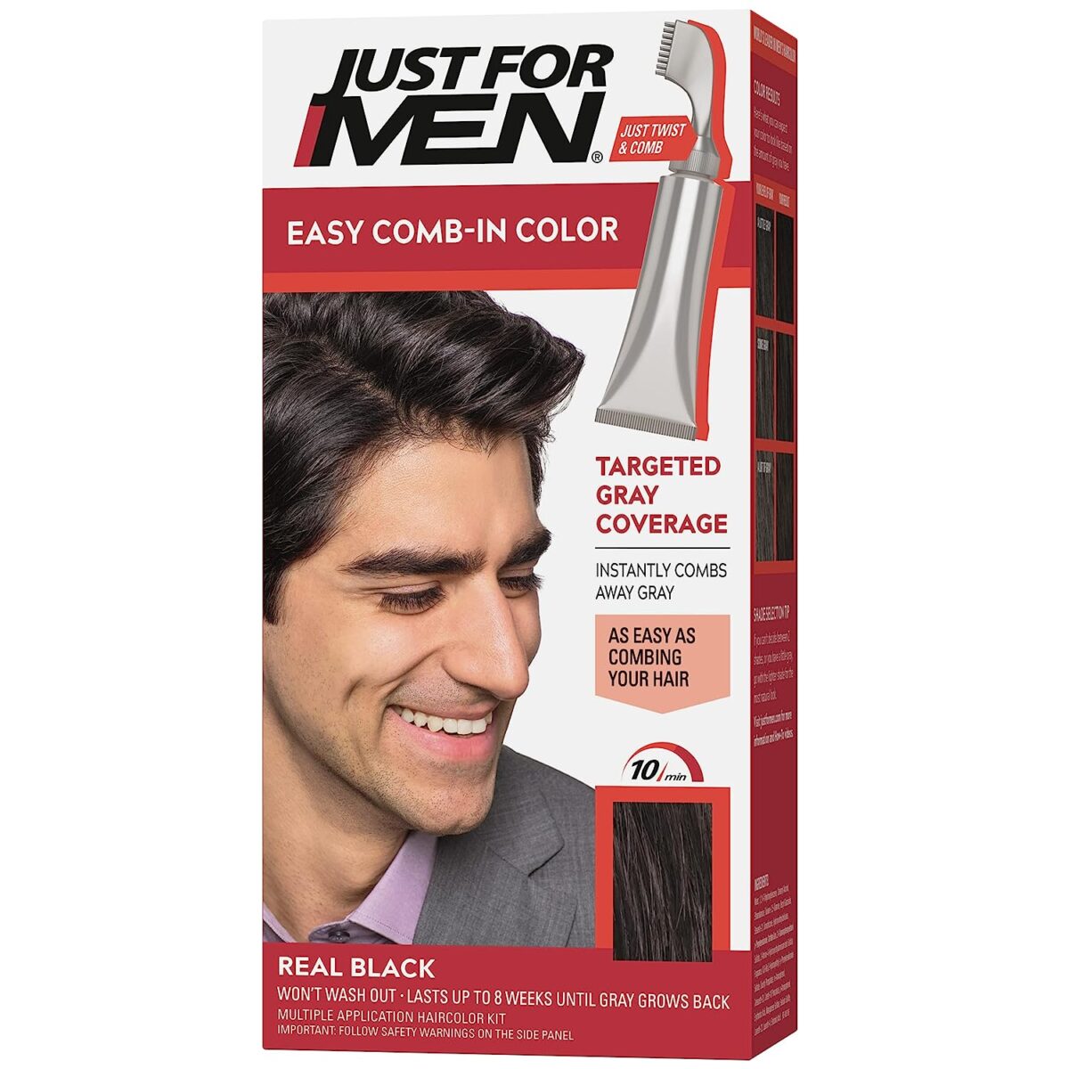 ust For Men Easy Comb-In Color Mens Hair Dye, Easy No Mix Application with Comb Applicator – Real Black, A-55, Pack of 1