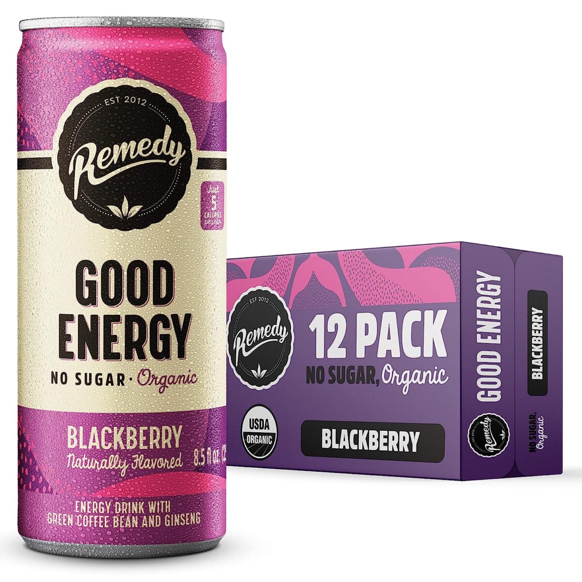 Remedy Energy Drink – Sugar Free, USDA Organic, Low Carb & Low Calorie – Clean Energy with Natural Caffeine & Antioxidants – Sparkling Blackberry – 8.5 Fl Oz Can, 12-Pack